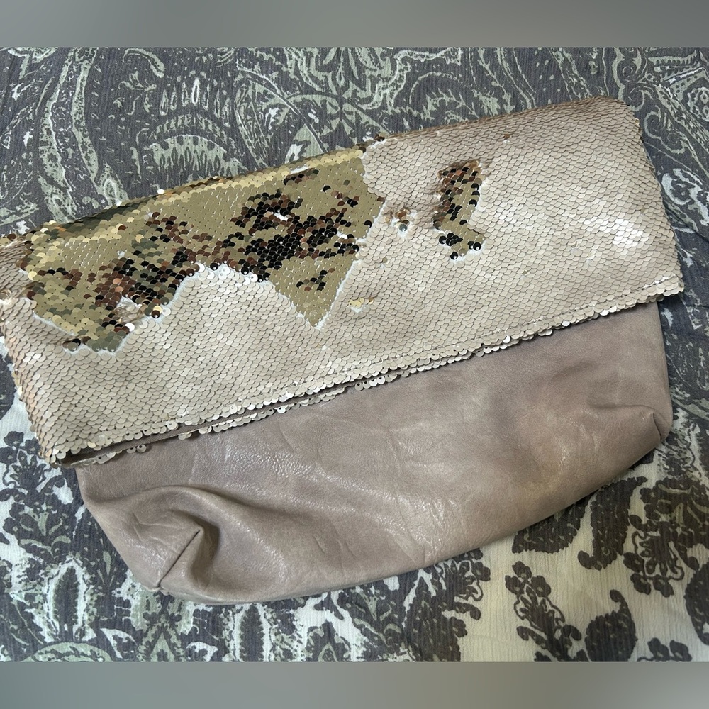 Anthropologie Nude Sequin Foldover Clutch